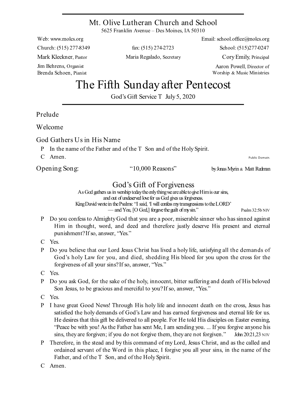 The Fifth Sunday After Pentecost God’S Gift Service T July 5, 2020