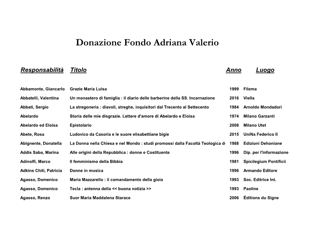 Donazione Fondo Adriana Valerio