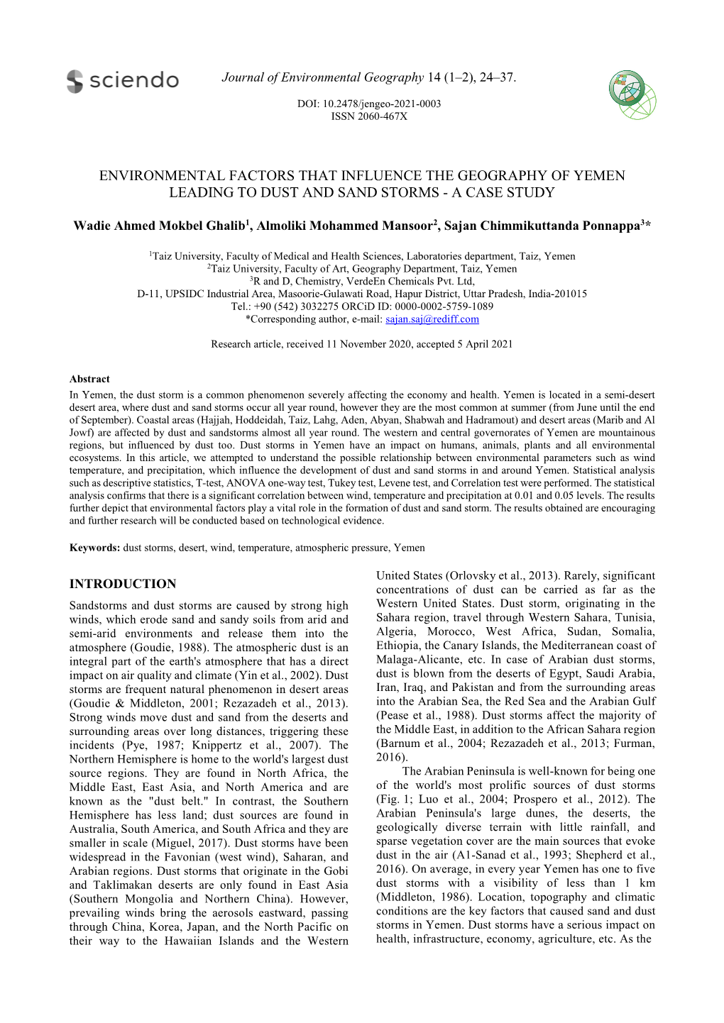 Environmental Factors That Influence the Geography of Yemen Leading to Dust and Sand Storms - a Case Study