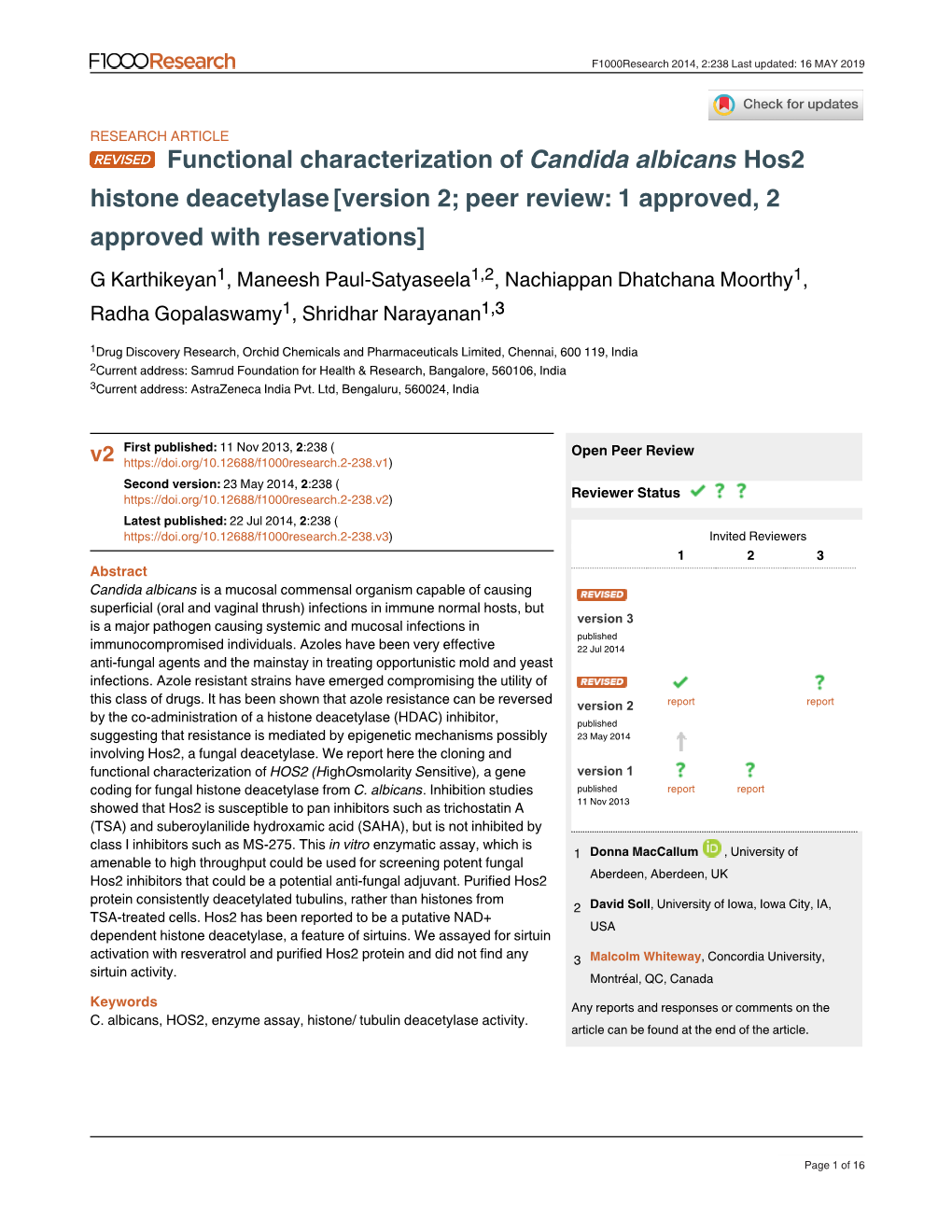 Functional Characterization of Hos2 Candida Albicans Histone