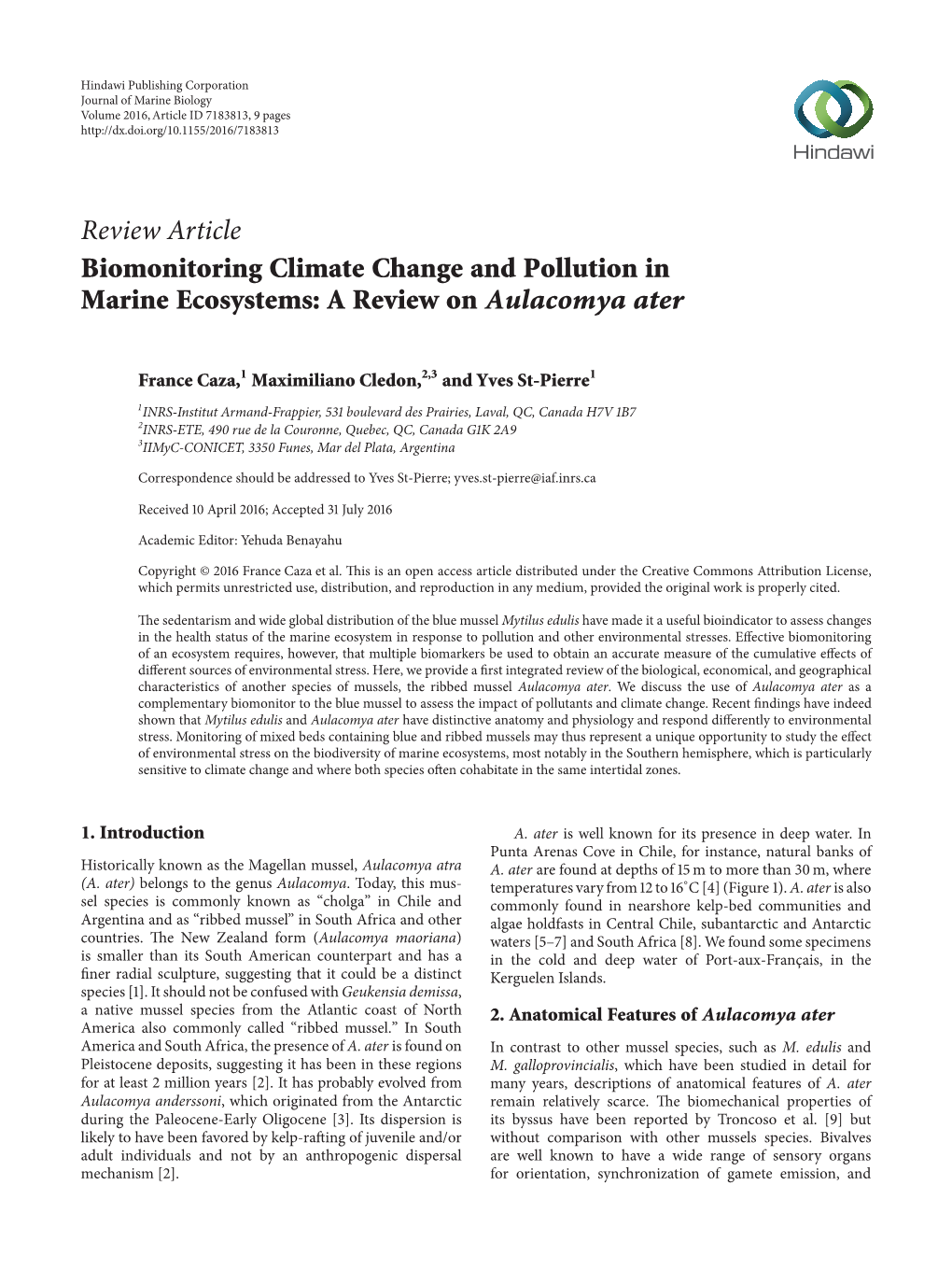 Review Article Biomonitoring Climate Change and Pollution in Marine Ecosystems: a Review on Aulacomya Ater