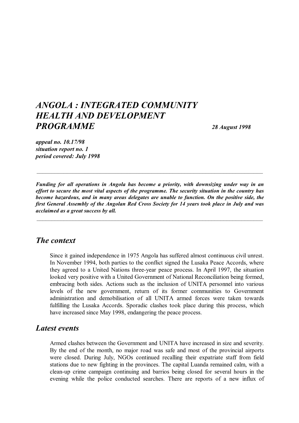 ANGOLA : INTEGRATED COMMUNITY HEALTH and DEVELOPMENT PROGRAMME 28 August 1998 Appeal No