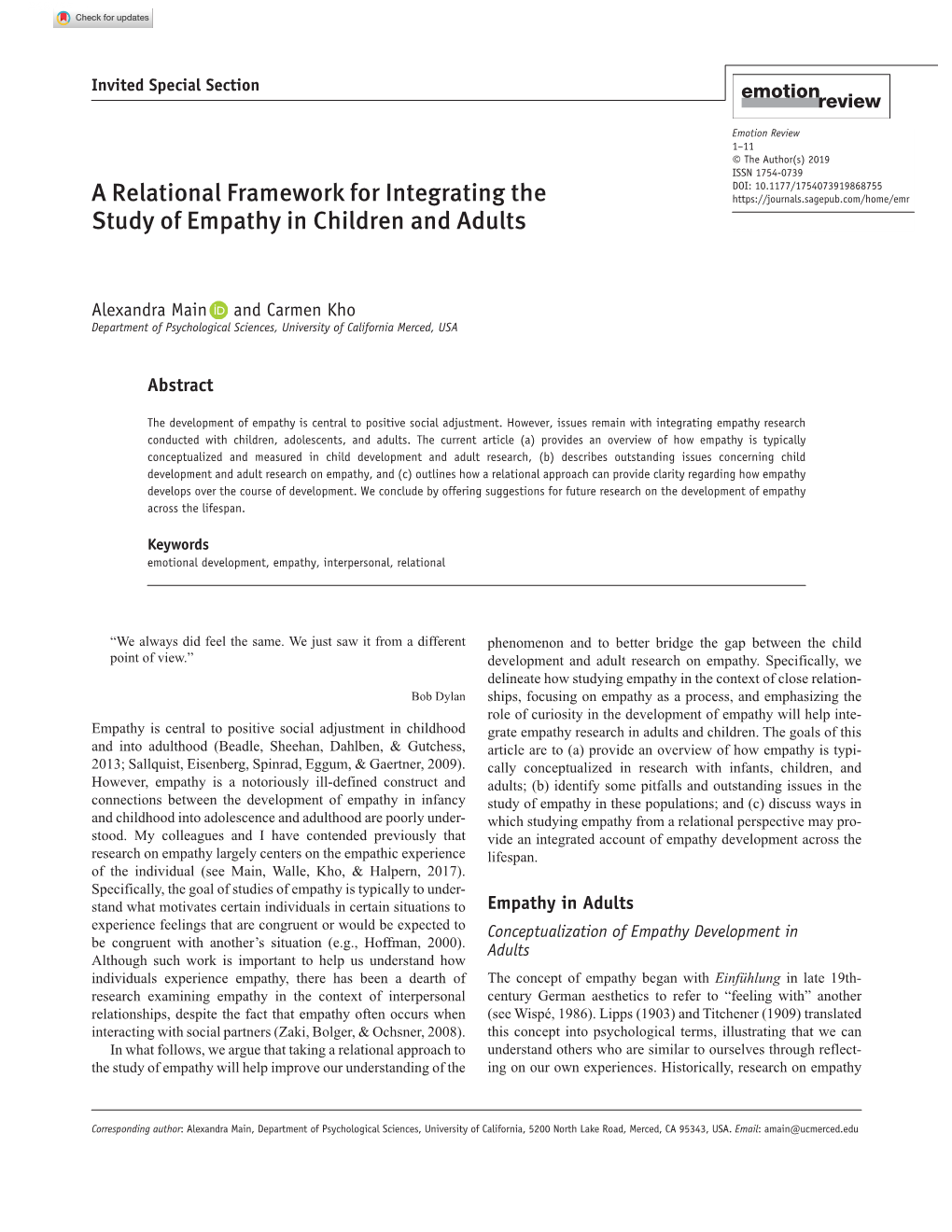 A Relational Framework for Integrating the Study of Empathy in Children and Adults