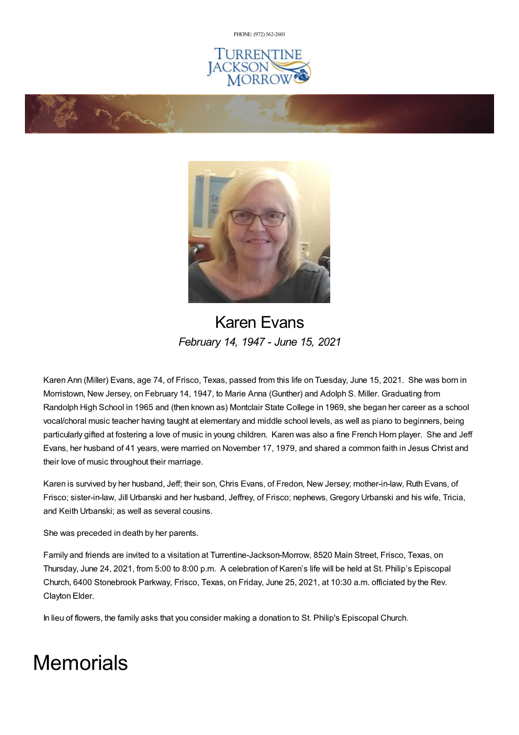 Karen Evans February 14, 1947 - June 15, 2021