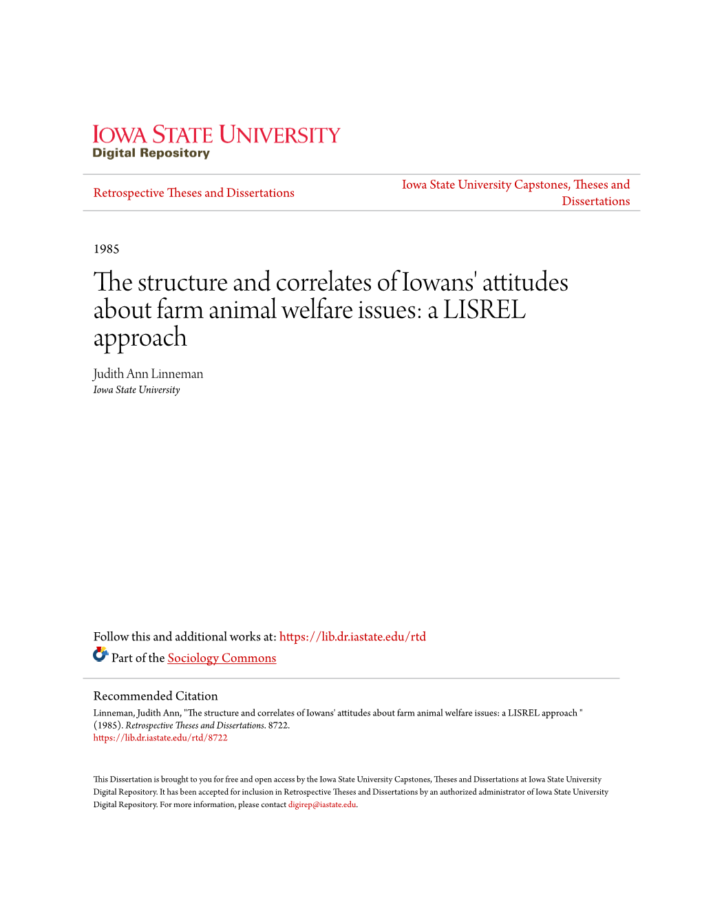 The Structure and Correlates of Iowans' Attitudes About Farm Animal Welfare Issues