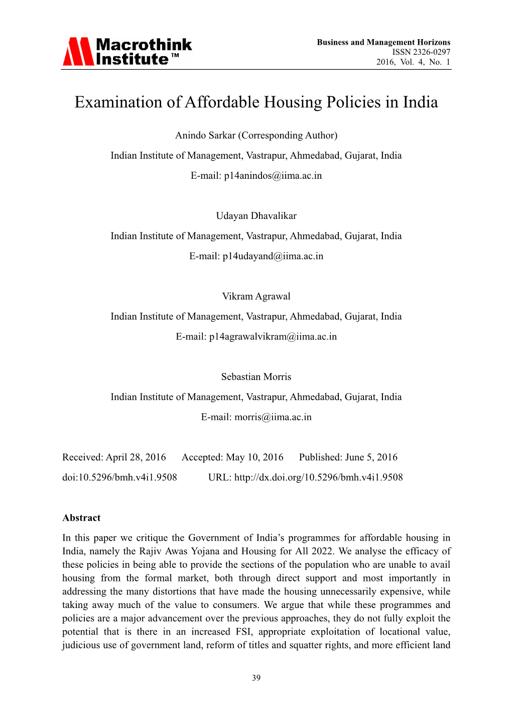 Examination of Affordable Housing Policies in India