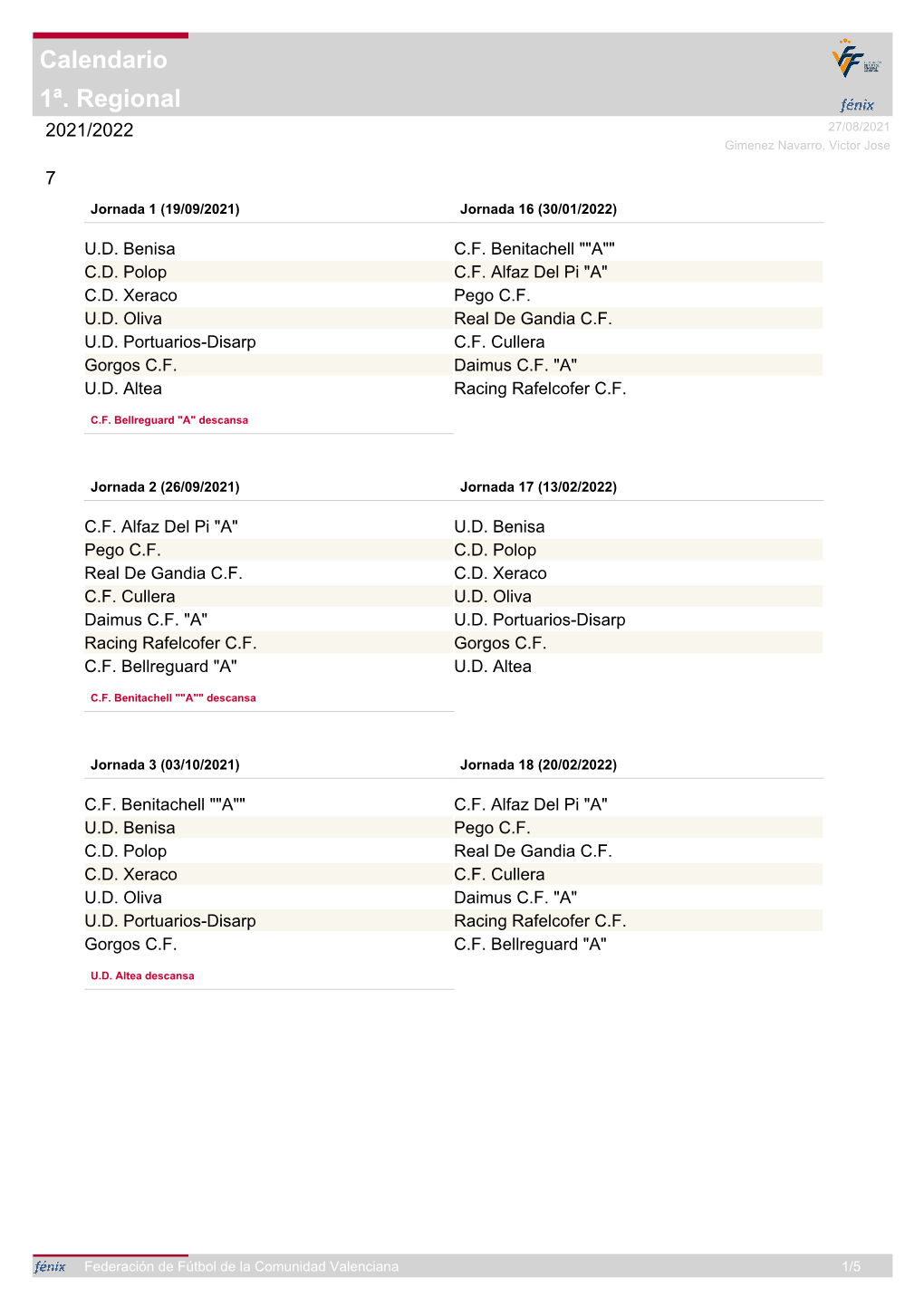 1ª. Regional Calendario