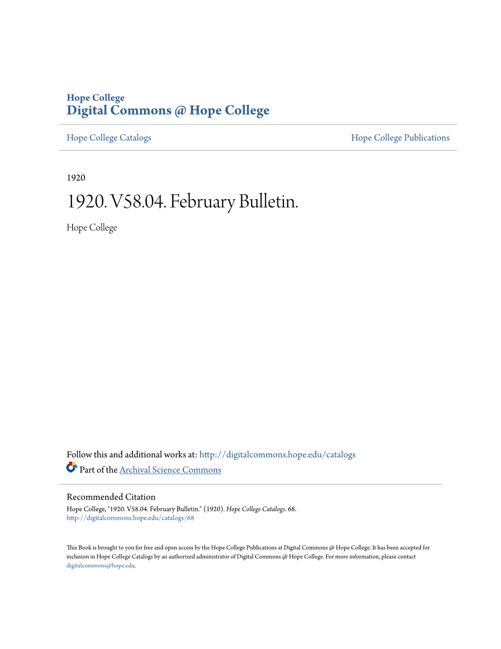 1920. V58.04. February Bulletin. Hope College