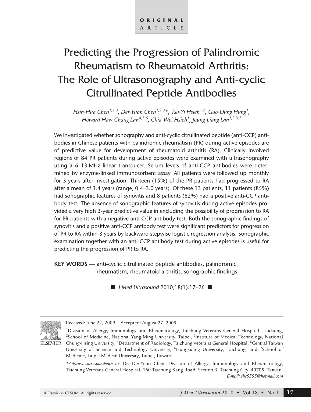 Predicting the Progression of Palindromic Rheumatism to Rheumatoid Arthritis: the Role of Ultrasonography and Anti-Cyclic Citrullinated Peptide Antibodies