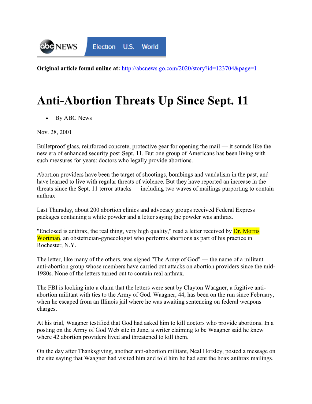 Anti-Abortion Threats up Since Sept. 11