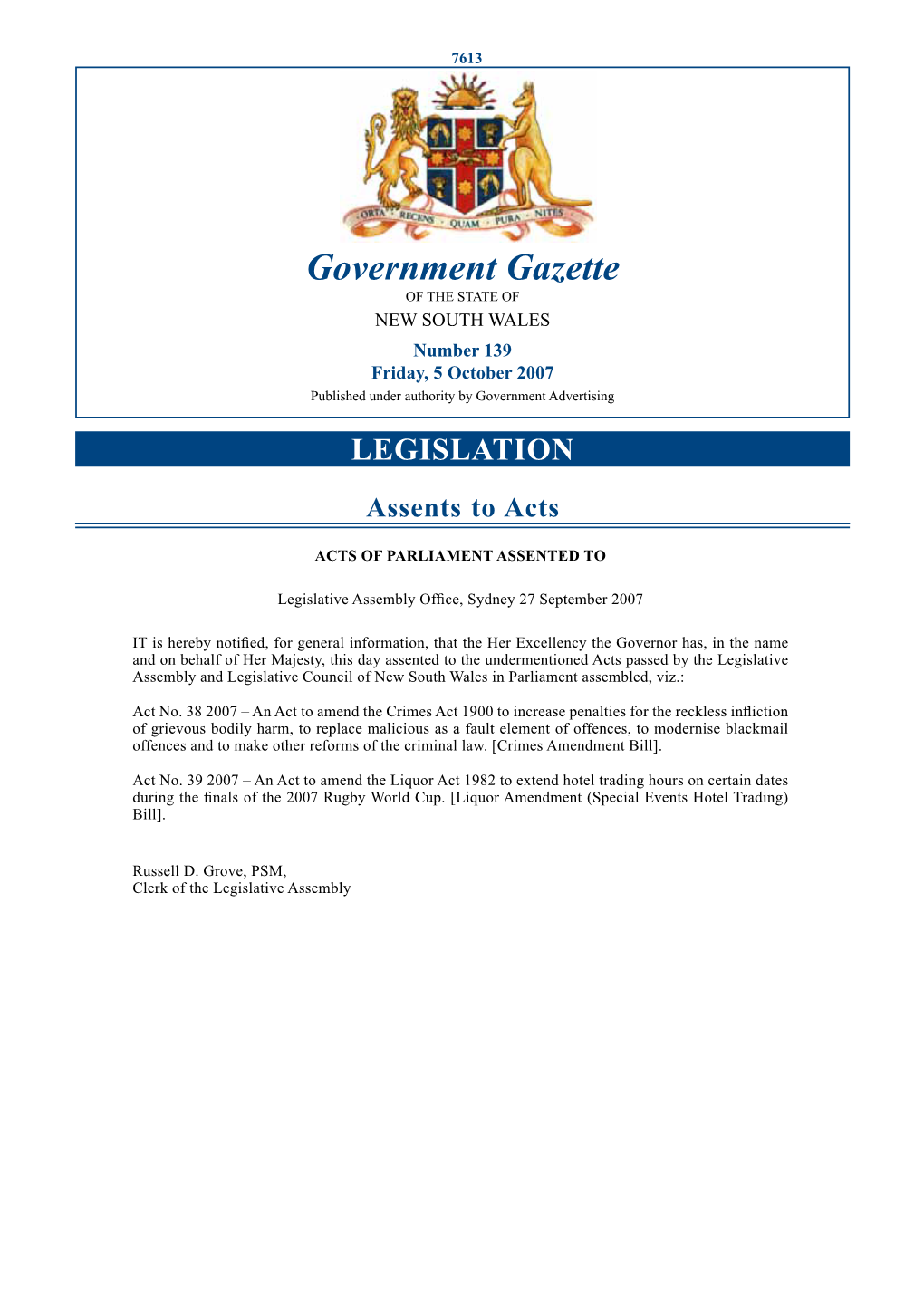 Government Gazette of the STATE of NEW SOUTH WALES Number 139 Friday, 5 October 2007 Published Under Authority by Government Advertising