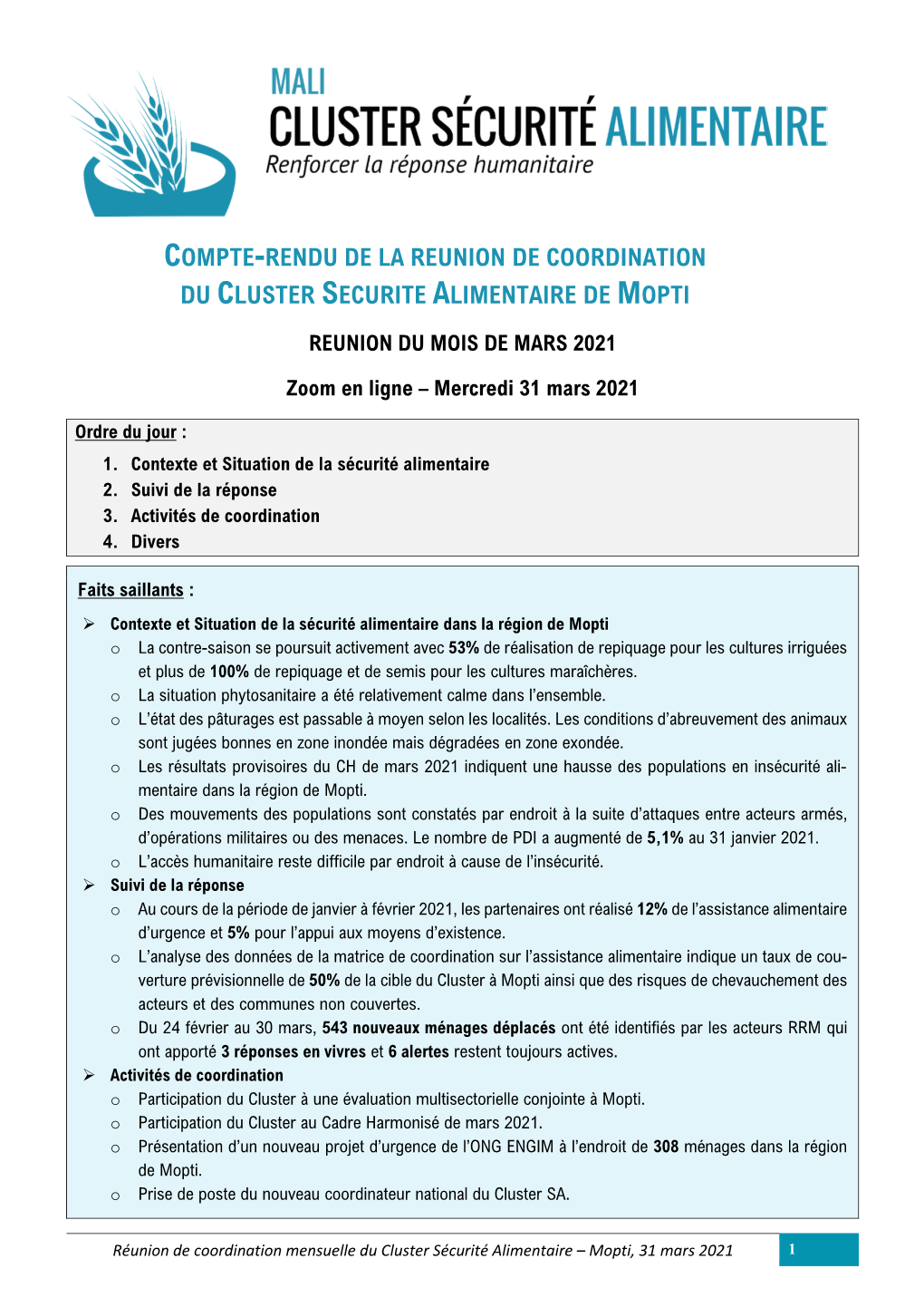 Compte-Rendu De La Reunion De Coordination Du Cluster Securite Alimentaire De Mopti