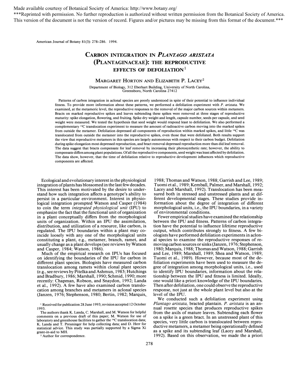 Carbon Integration in Plantago Aristata (Plantaginaceae): the Reproductive Effects of Defoliation1