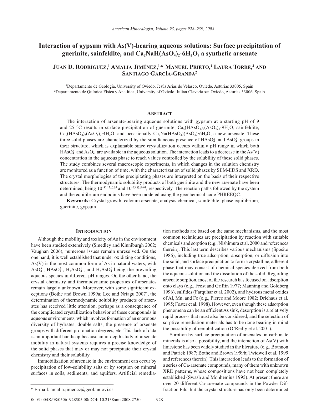 Bearing Aqueous Solutions: Surface Precipitation of Guerinite