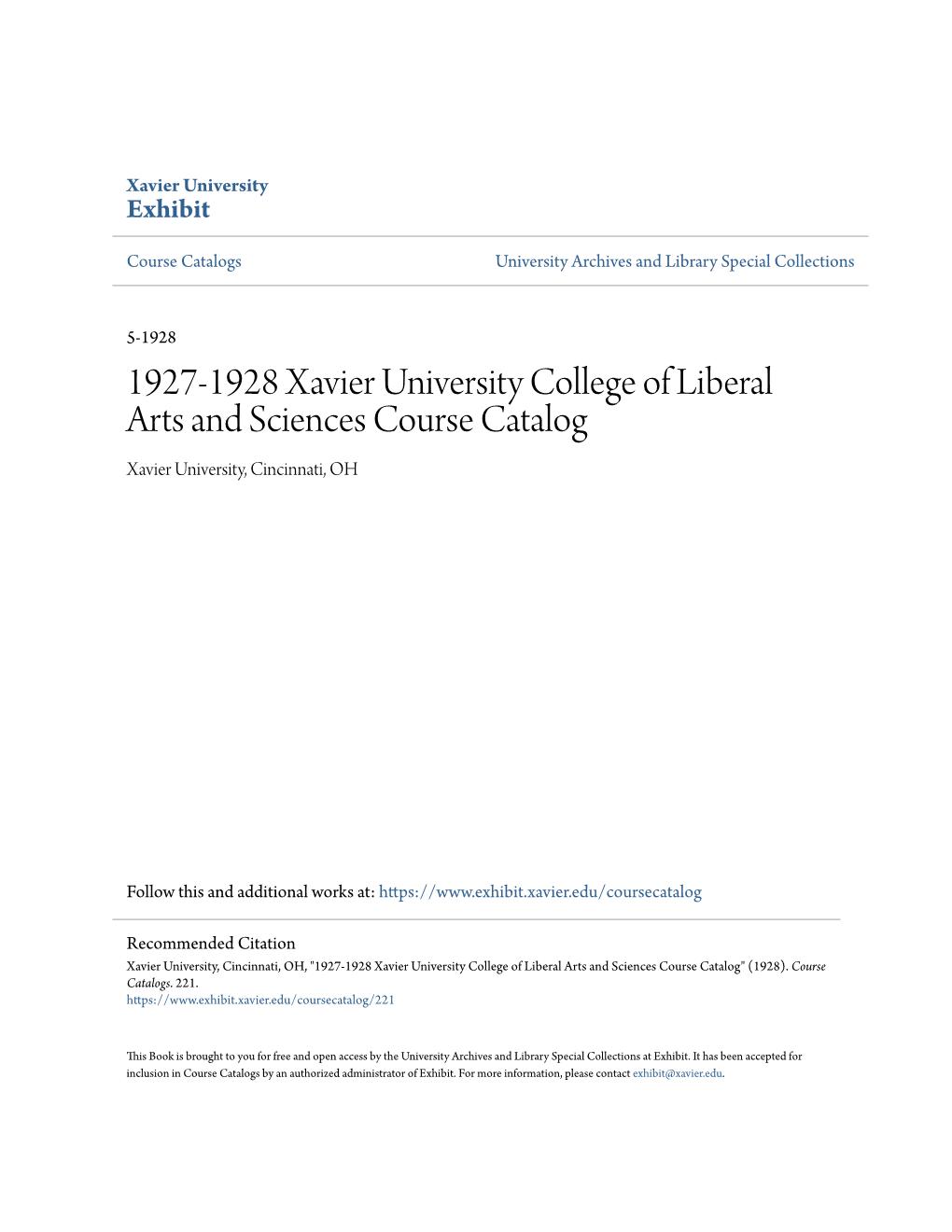 1927-1928 Xavier University College of Liberal Arts and Sciences Course Catalog Xavier University, Cincinnati, OH