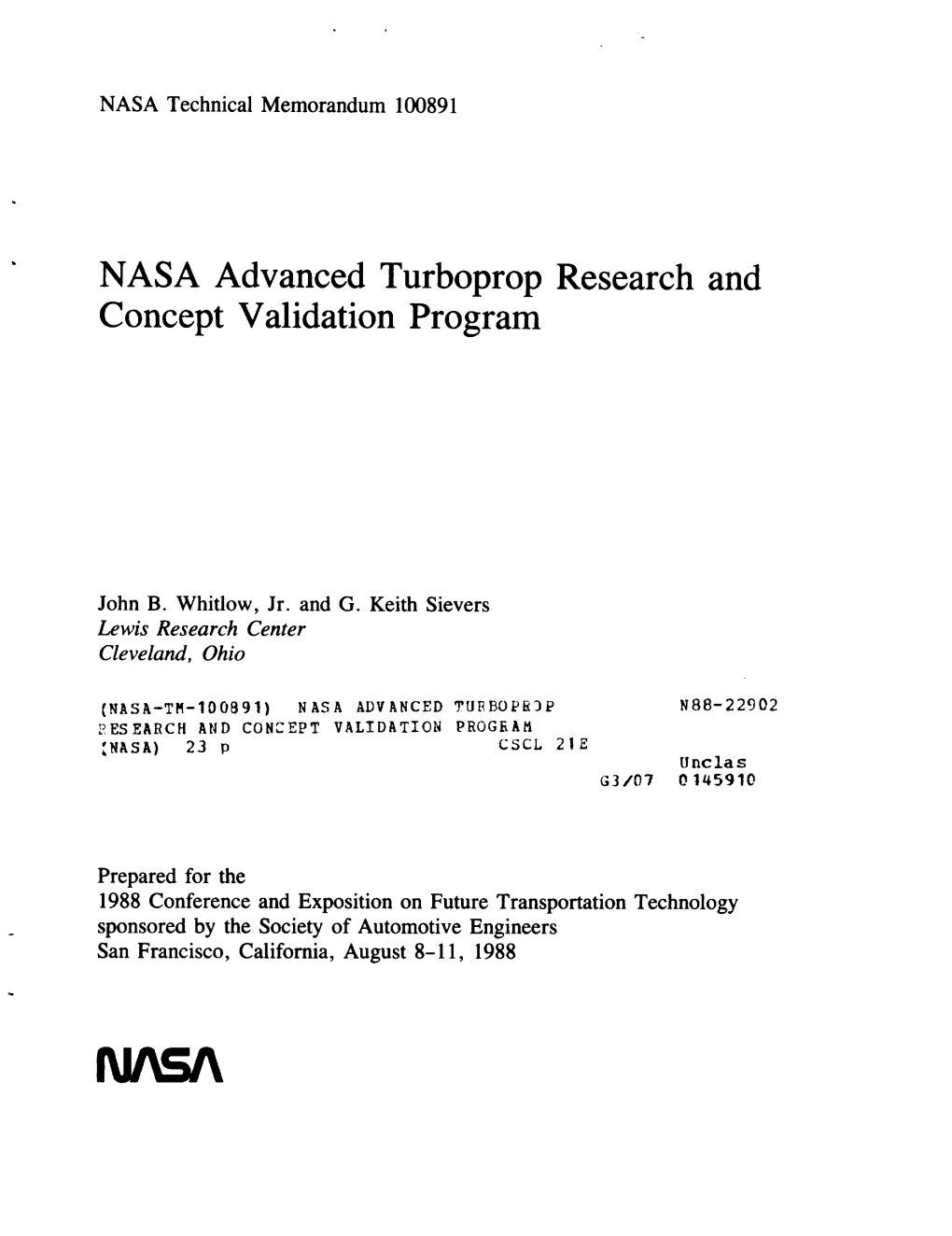 NASA Advanced Turboprop Research and Concept Validation Program