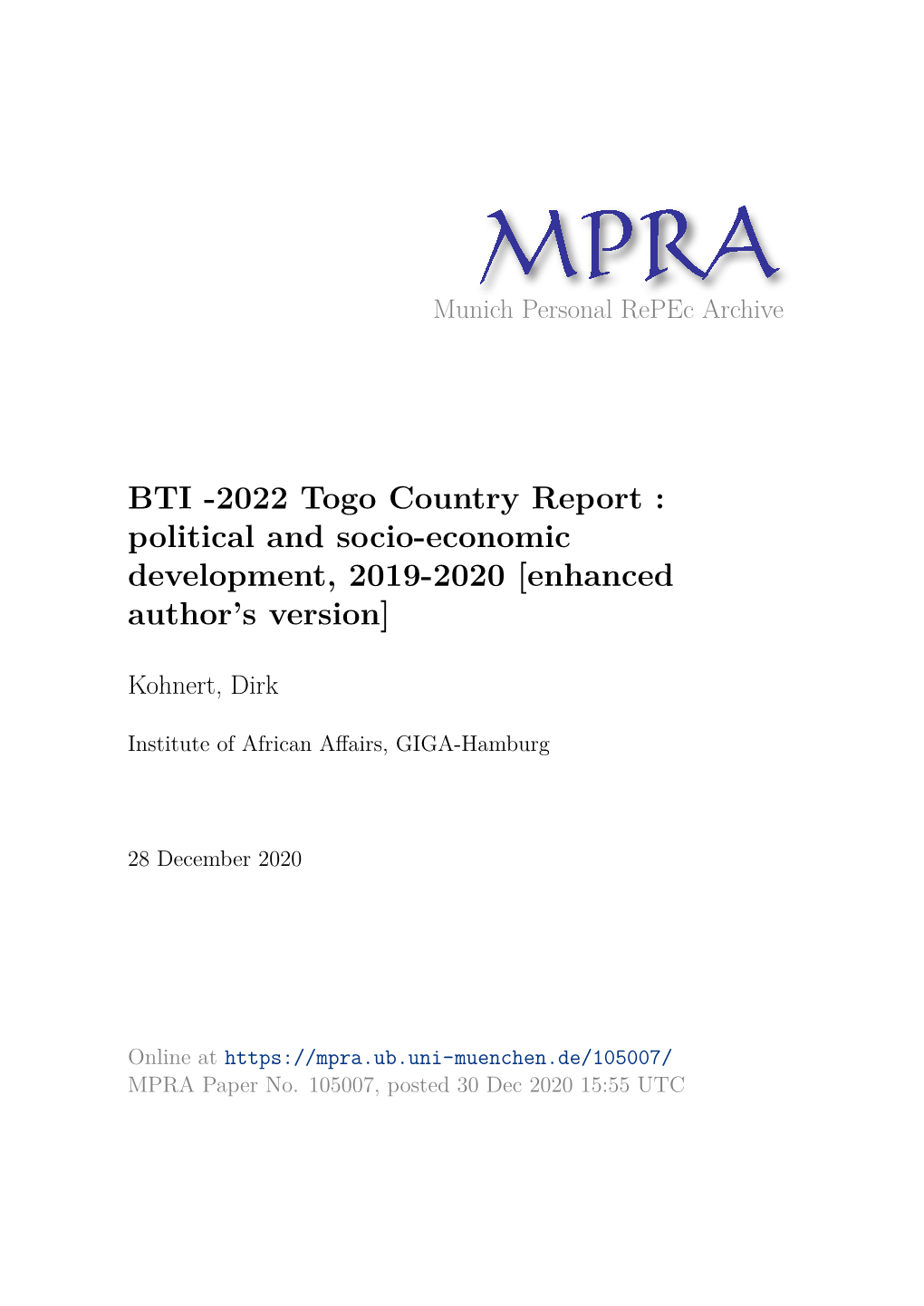 BTI -2022 Togo Country Report : Political and Socio-Economic Development, 2019-2020 [Enhanced Author’S Version]