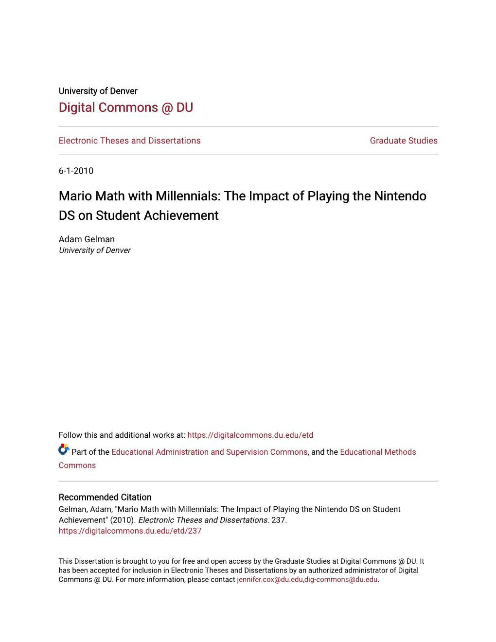 The Impact of Playing the Nintendo DS on Student Achievement