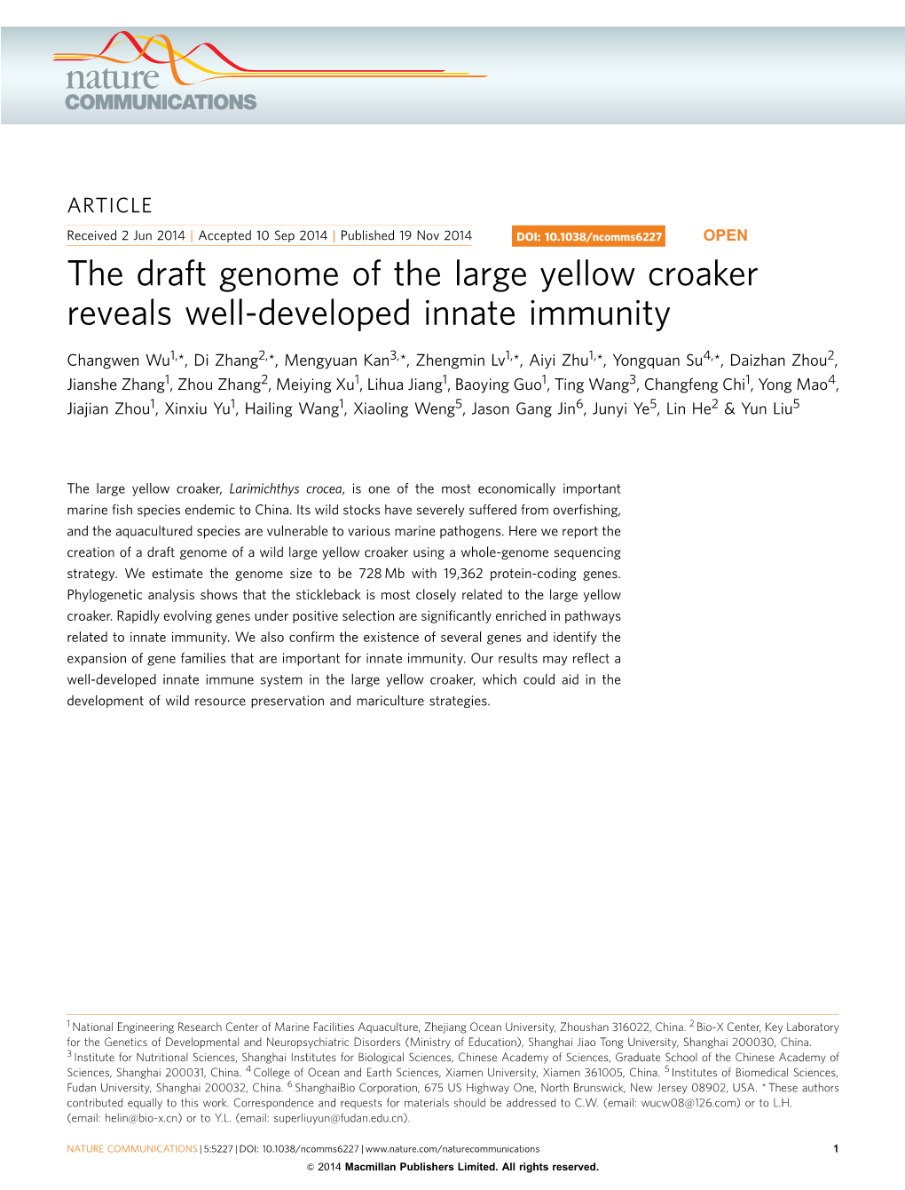 The Draft Genome of the Large Yellow Croaker Reveals Well-Developed Innate Immunity