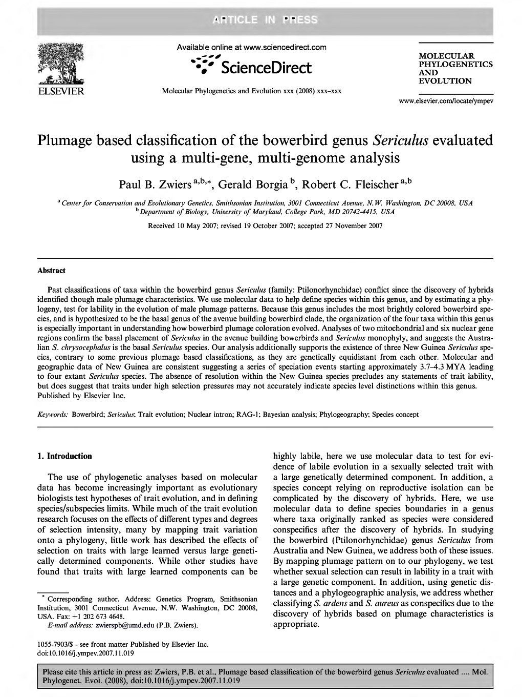 W Sciencedirect and EVOLUTION ELSEVIER Molecular Phylogenetics and Evolution Xxx (2008) Xxx-Xxx