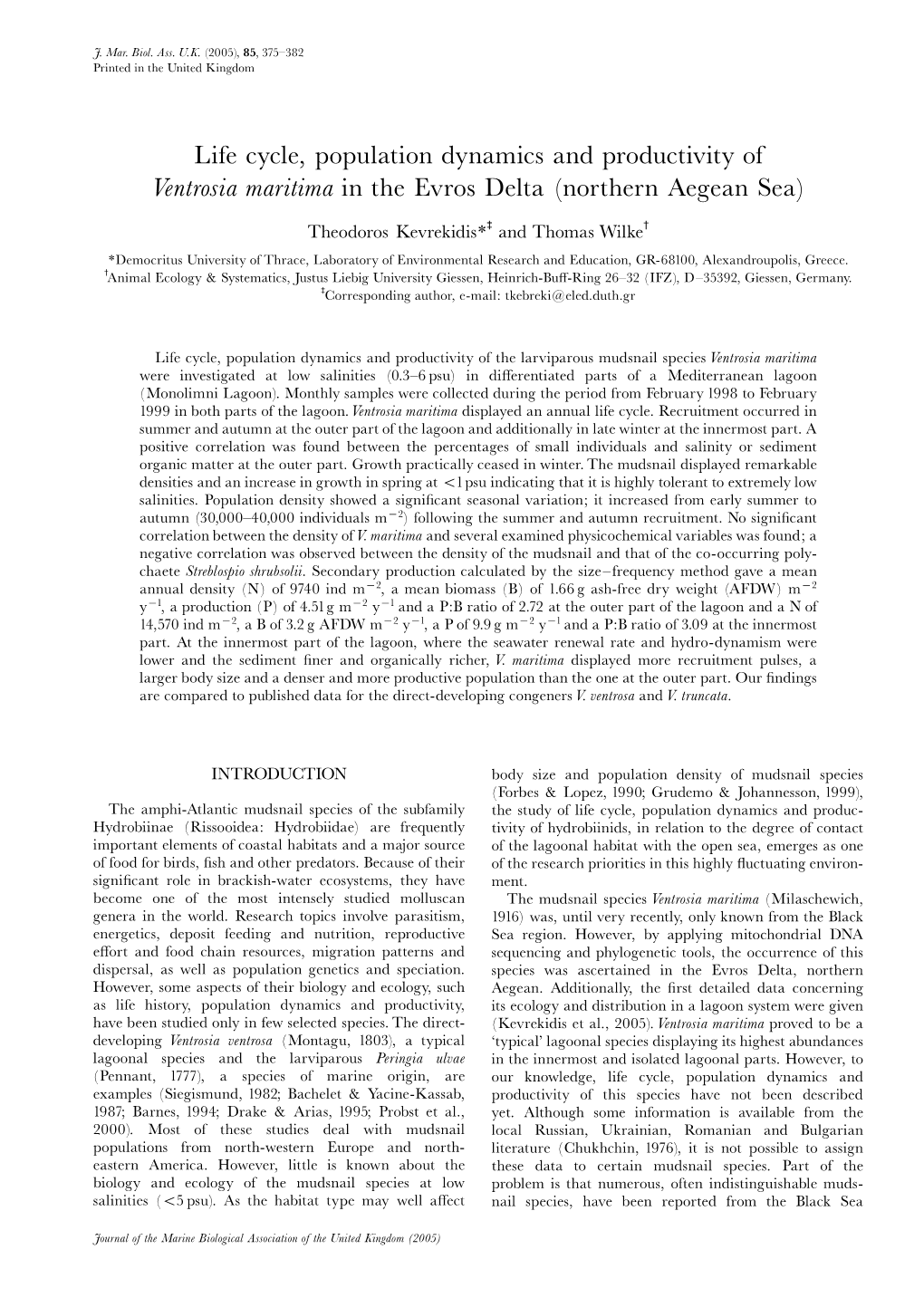 Life Cycle, Population Dynamics and Productivity of Ventrosia Maritima in the Evros Delta (Northern Aegean Sea)