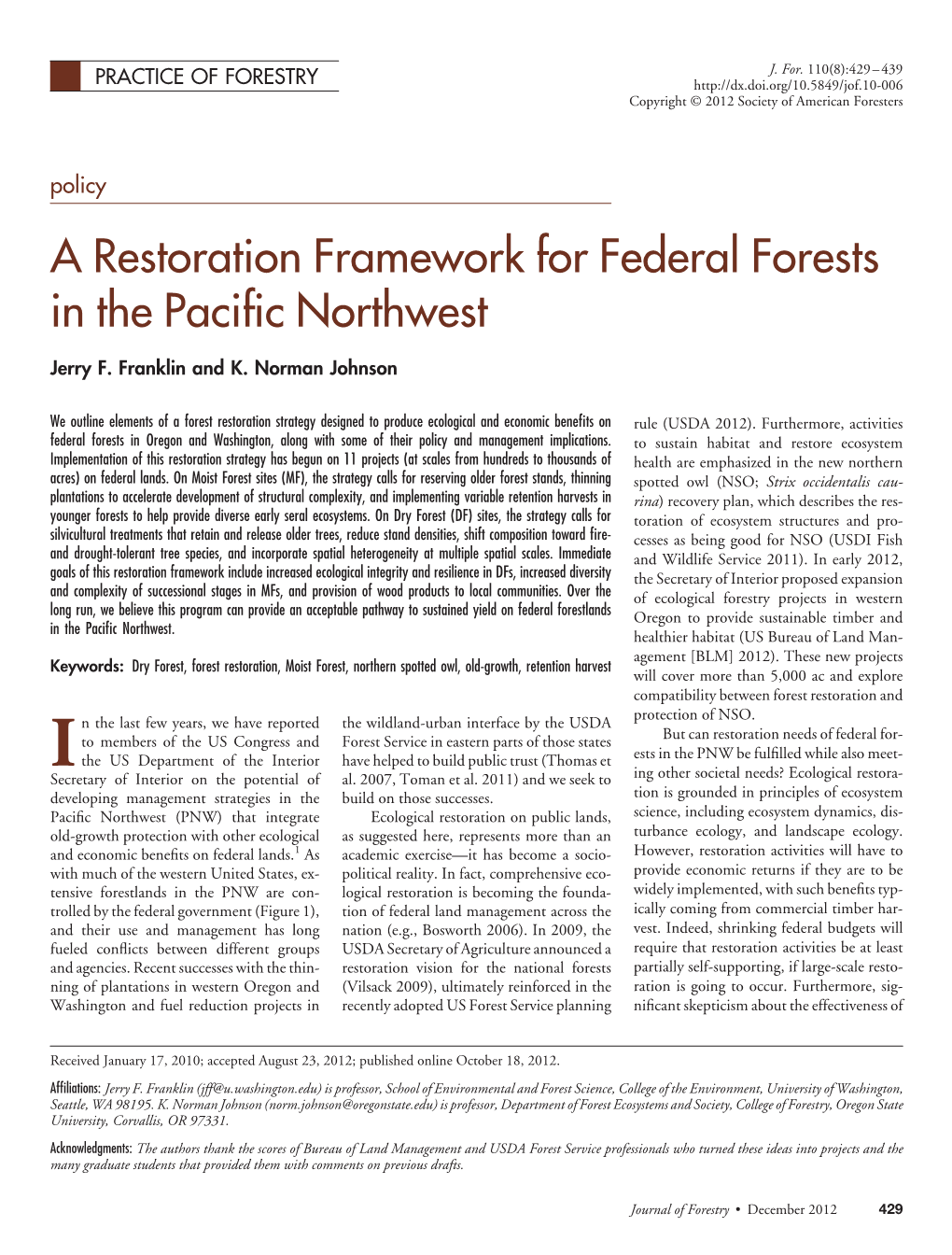 A Restoration Framework for Federal Forests in the Pacific Northwest