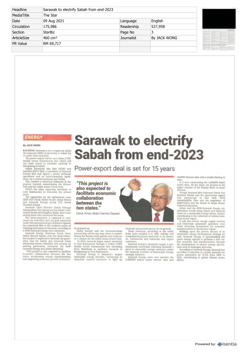 Sarawak to Electrify Sabah from End-2023