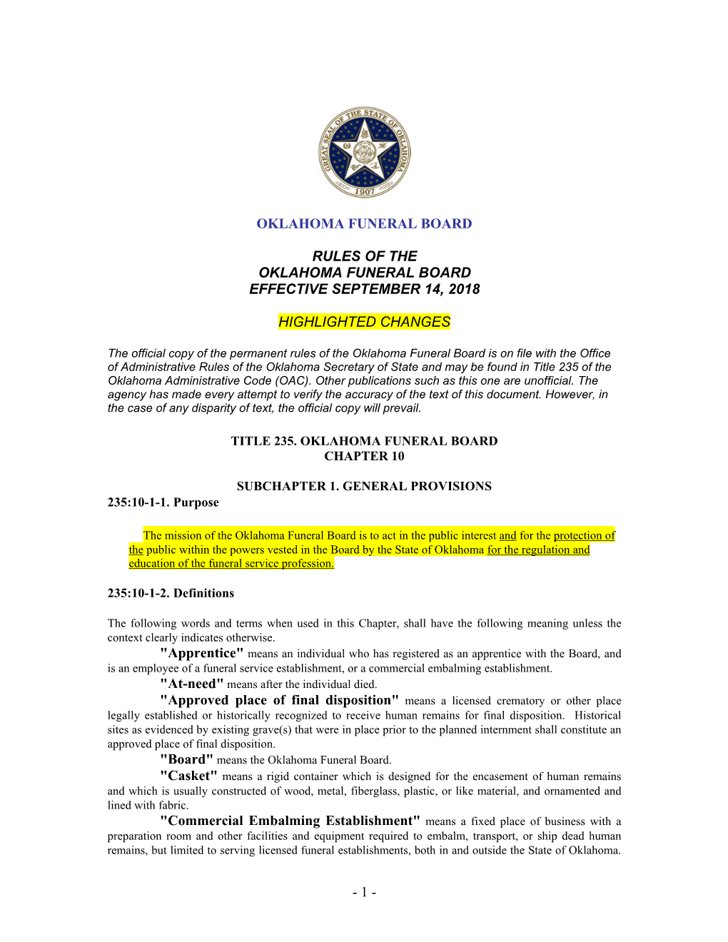 Rules of the Oklahoma Funeral Board Effective September 14, 2018