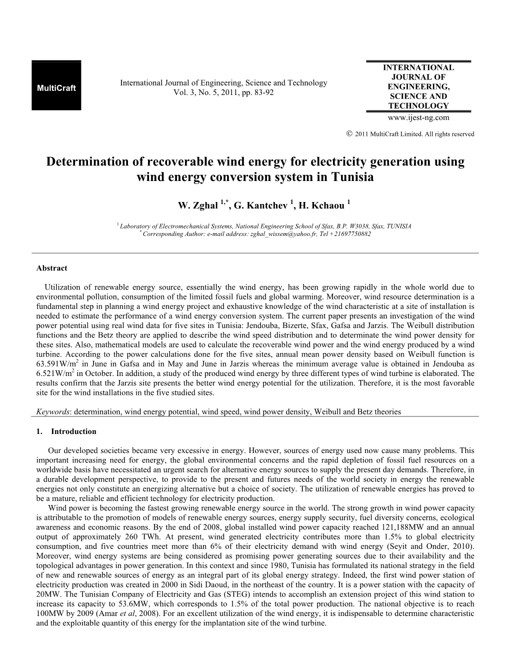 Determination of Recoverable Wind Energy for Electricity Generation Using Wind Energy Conversion System in Tunisia