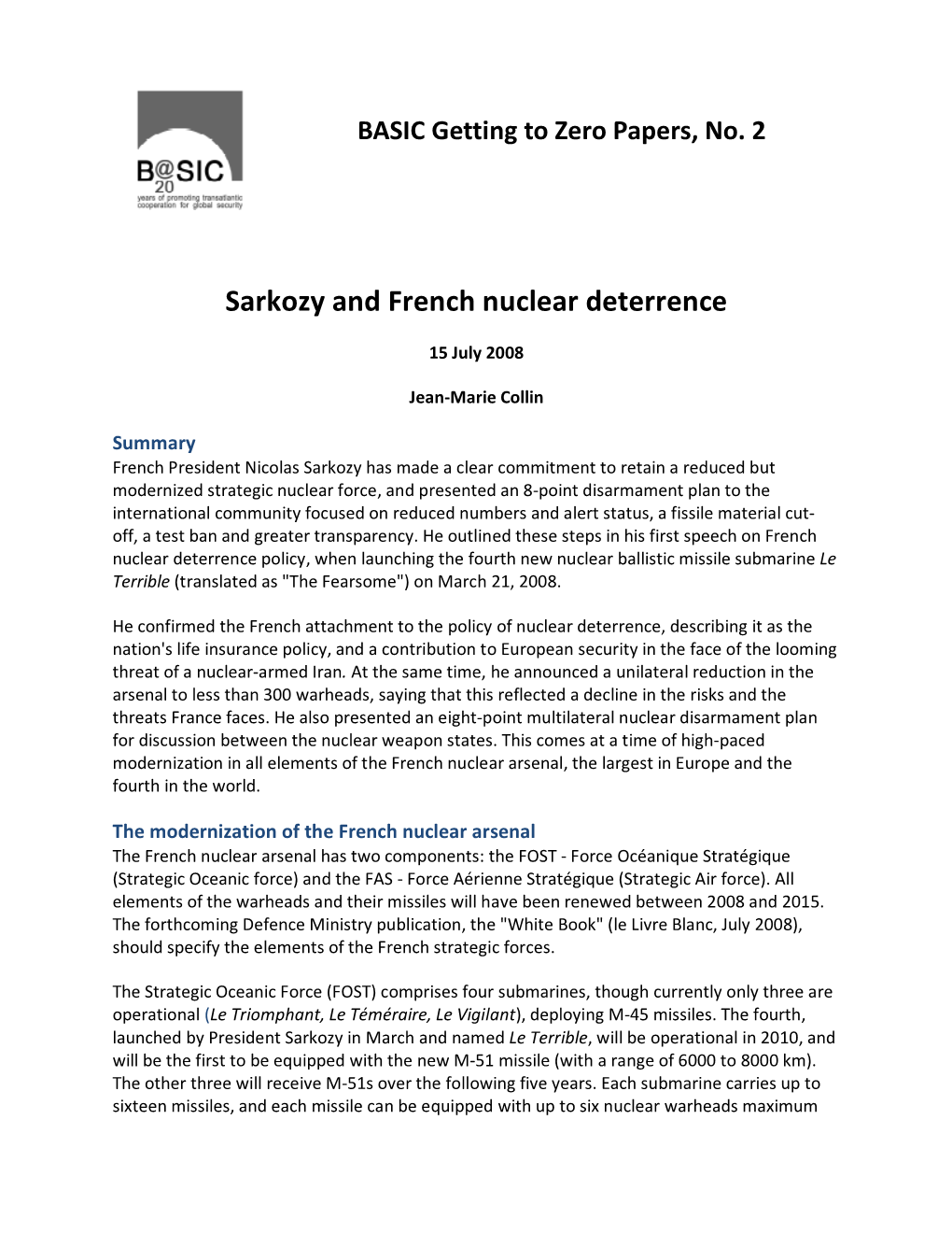 Sarkozy and French Nuclear Deterrence