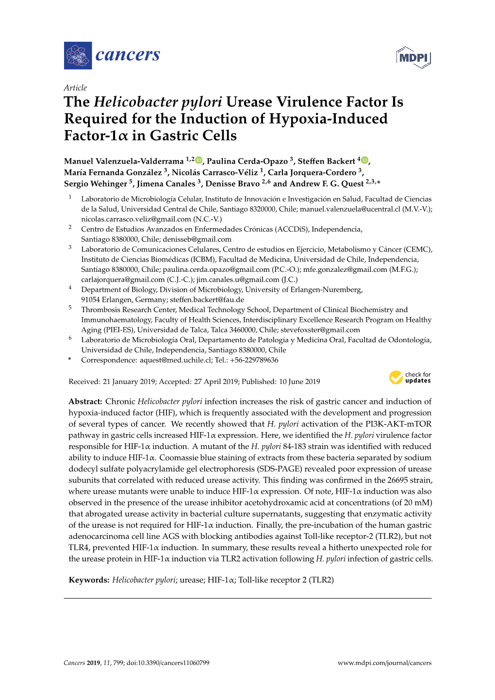 The Helicobacter Pylori Urease Virulence Factor Is Required for the Induction of Hypoxia-Induced Factor-1Α in Gastric Cells