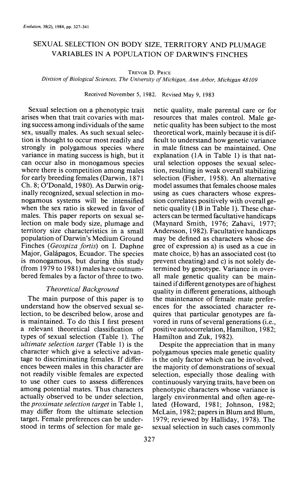 SEXUAL SELECTION on BODY SIZE, TERRITORY and PLUMAGE VARIABLES in a POPULATION of DARWIN&Apos