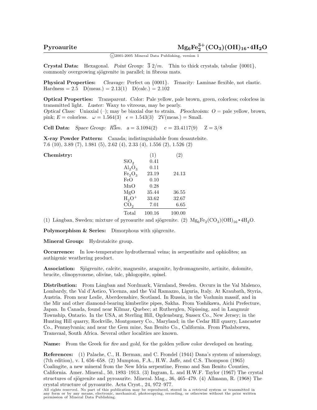 Pyroaurite Mg6fe 2 (CO3)(OH)16 4H2O C 2001-2005 Mineral Data Publishing, Version 1