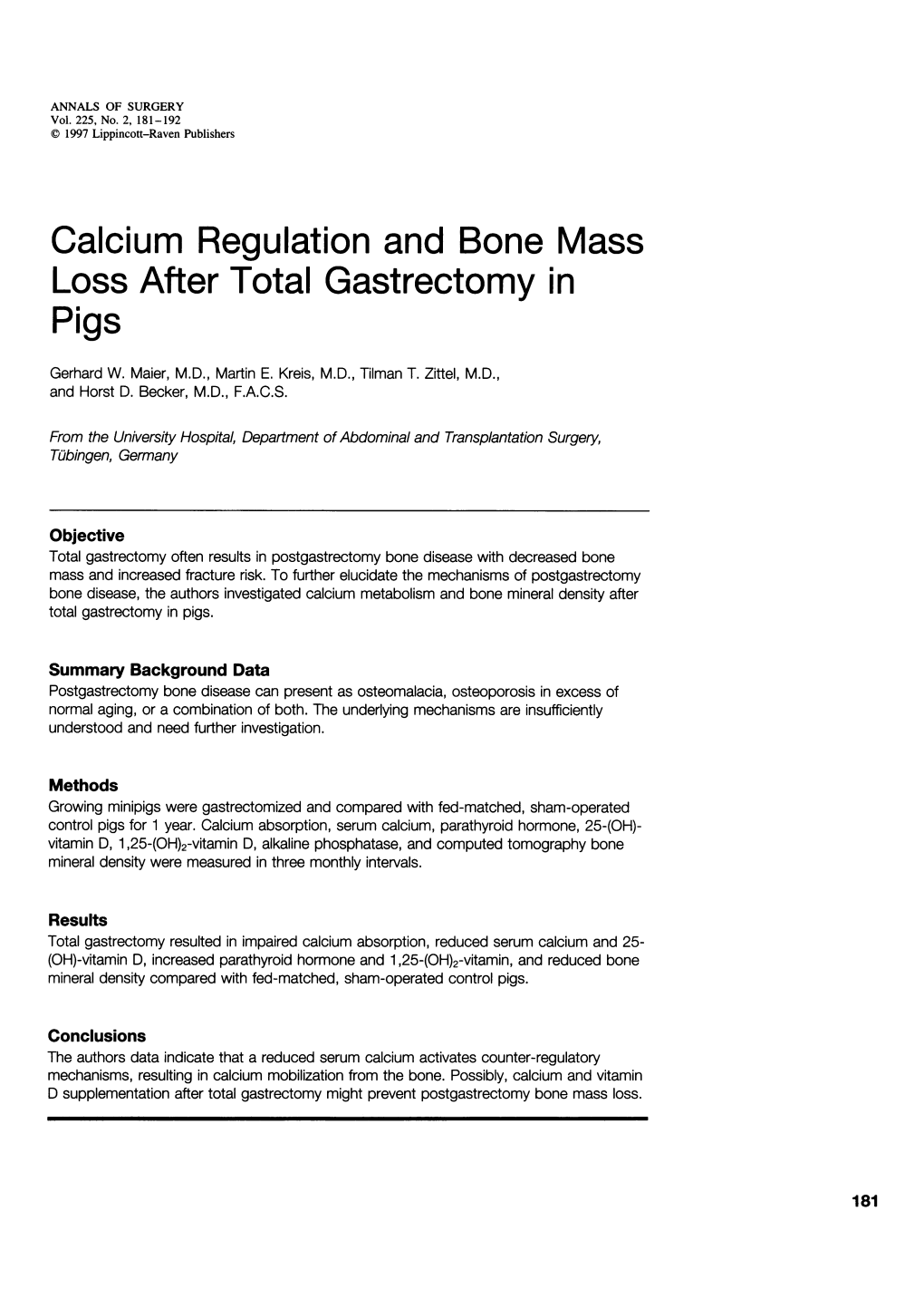 Calcium Regulation and Bone Mass Loss After Total Gastrectomy in Pigs