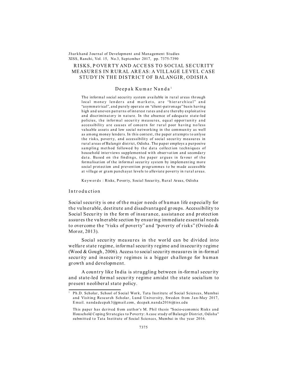 Risks, Poverty and Access to Social Security Measures in Rural Areas: a Village Level Case Study in the District of Balangir, Odisha