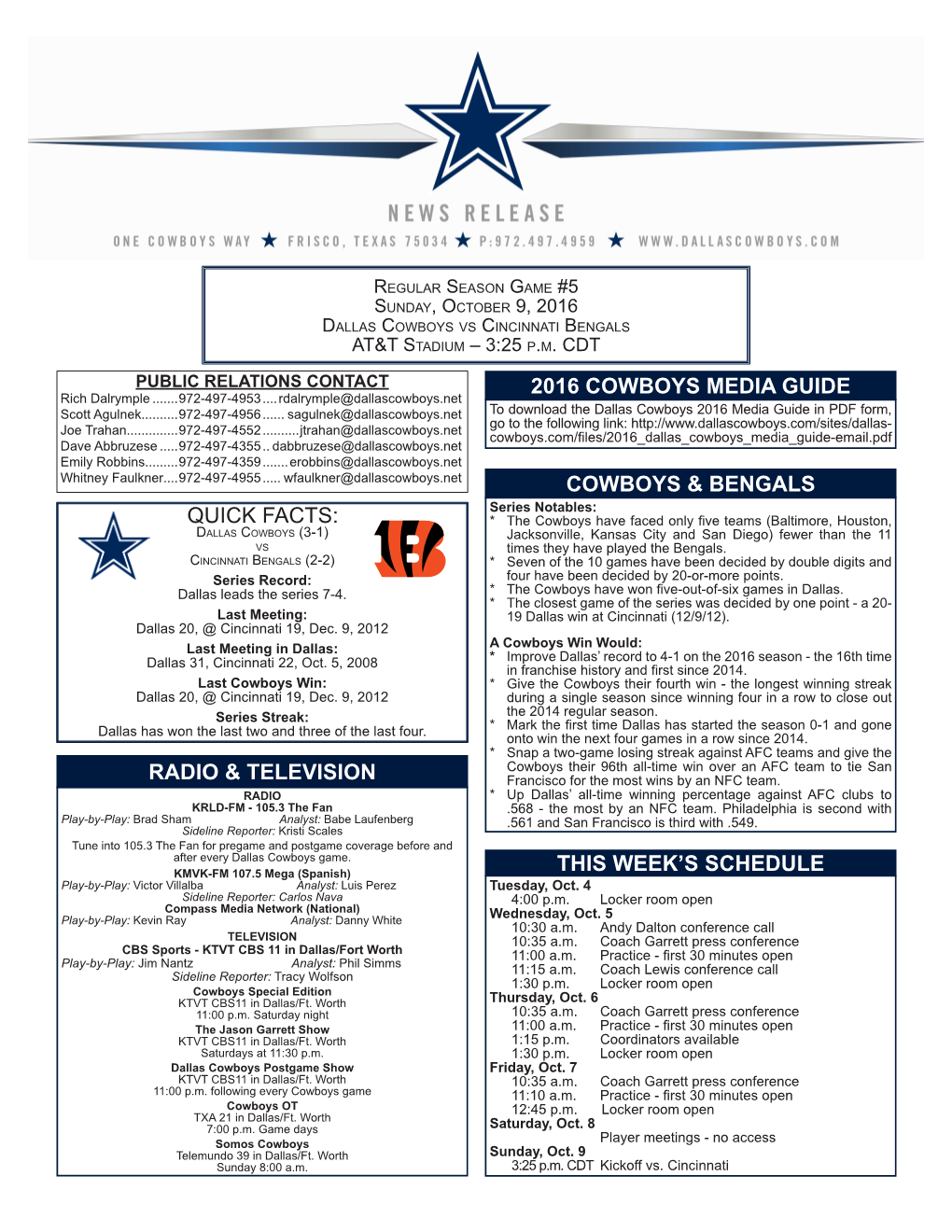 Radio & Television This Week's Schedule Cowboys