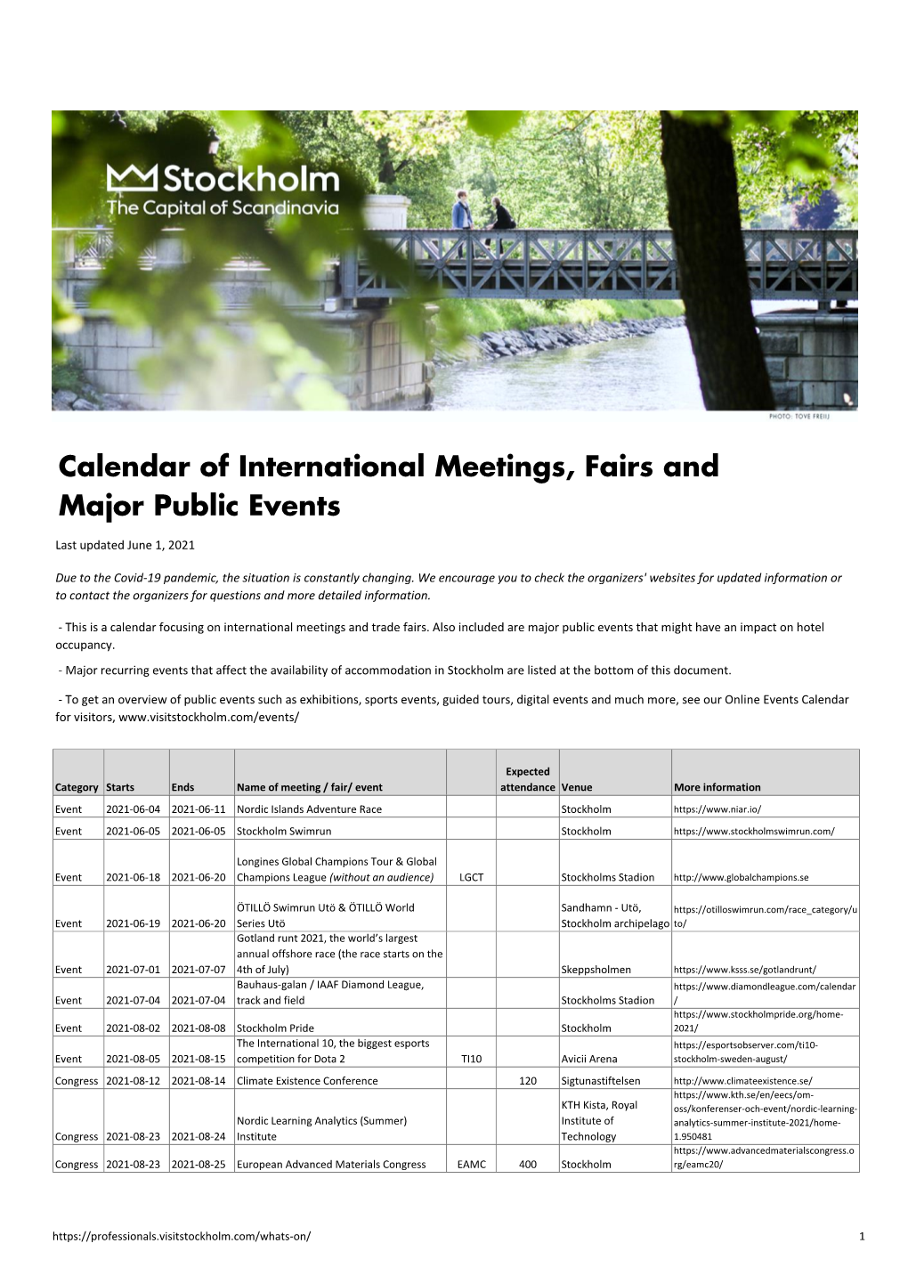 Calendar of International Meetings, Fairs and Major Public Events