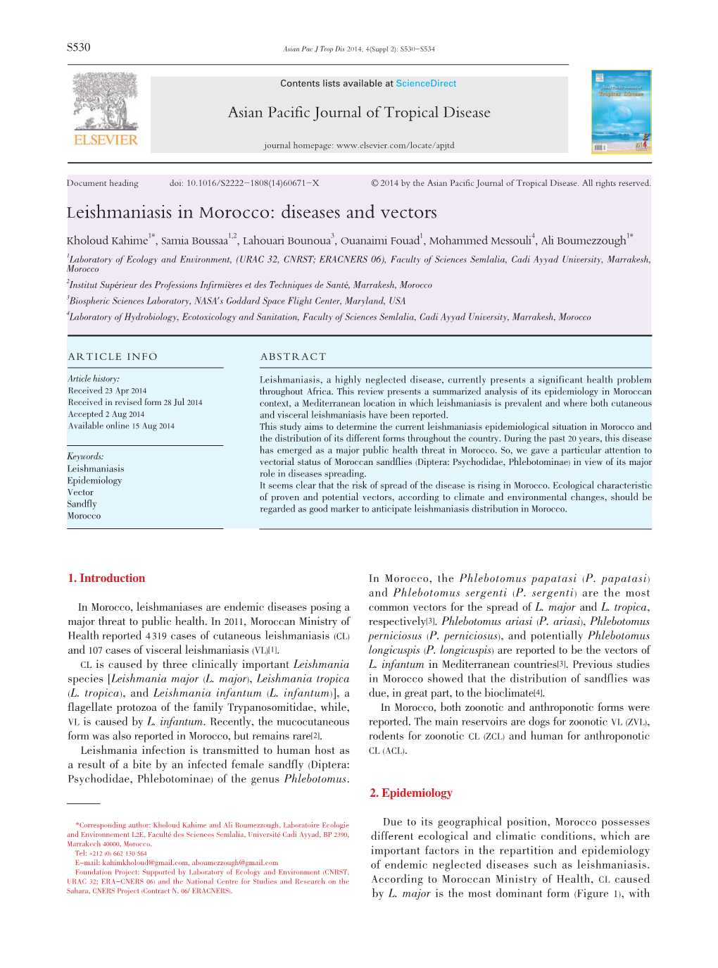 Leishmaniasis in Morocco: Diseases and Vectors