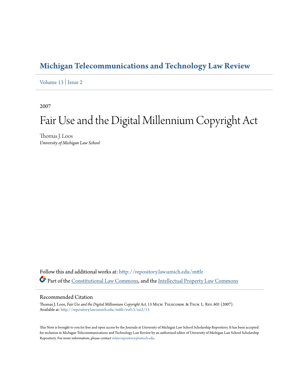 Fair Use and the Digital Millennium Copyright Act Thomas J