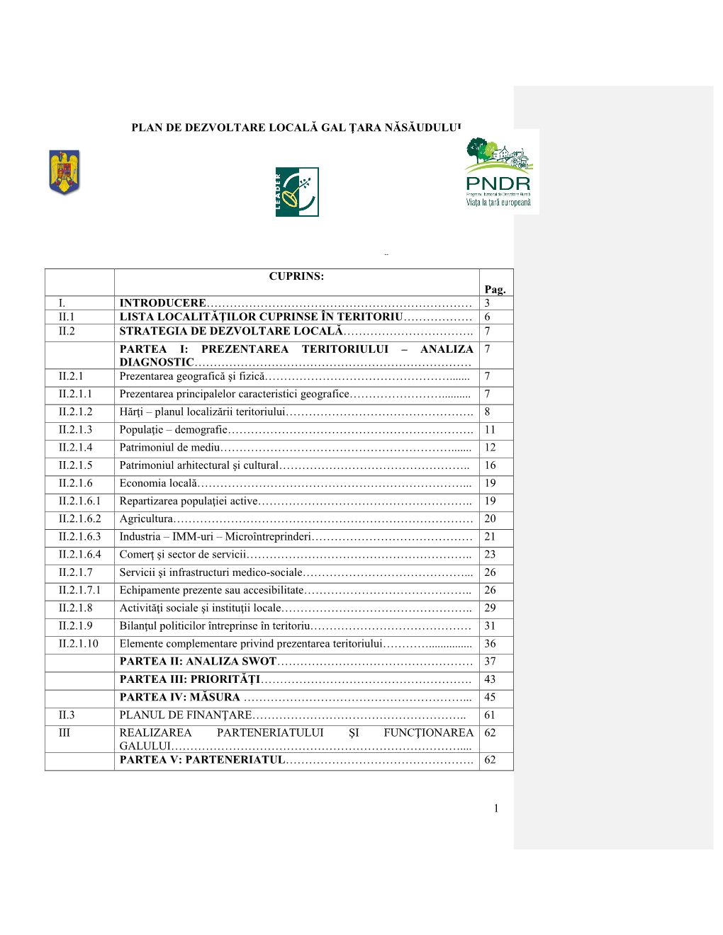 Plan De Dezvoltare Locală Gal Ţara Năsăudului