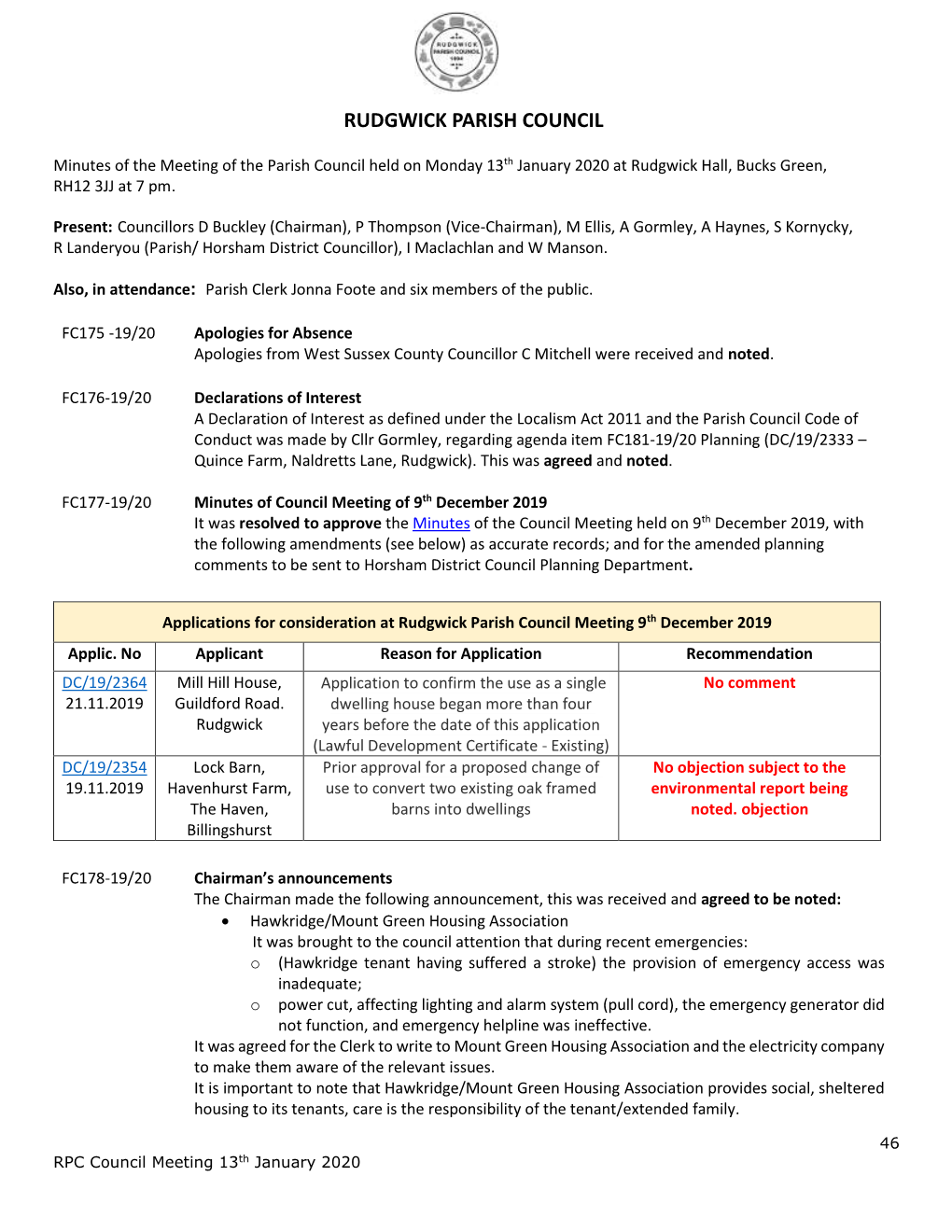 Minutes of the Meeting of the Parish Council Held on Monday 13Th January 2020 at Rudgwick Hall, Bucks Green, RH12 3JJ at 7 Pm