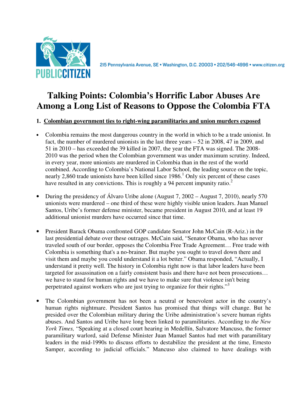 Talking Points: Colombia's Horrific Labor Abuses Are Among a Long List of Reasons to Oppose the Colombia