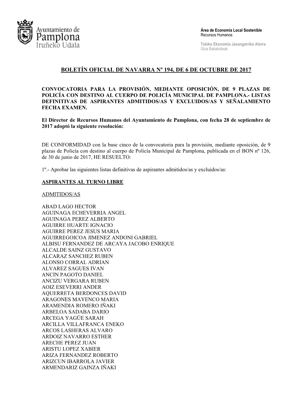 Boletín Oficial De Navarra Nº 194, De 6 De Octubre De 2017