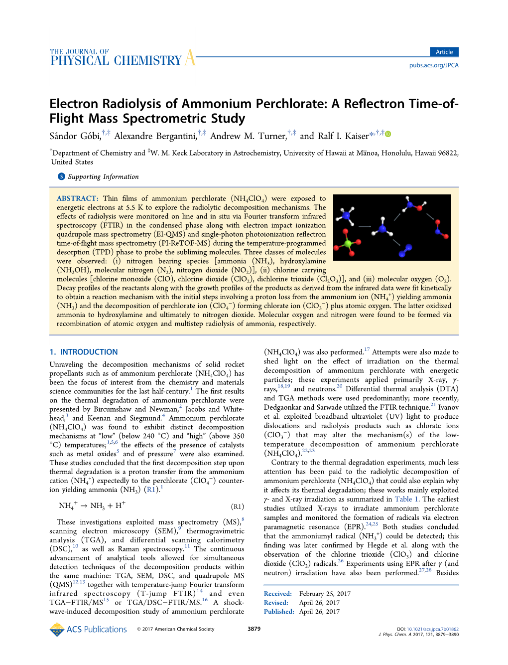 Electron Radiolysis of Ammonium Perchlorate: a Reflectron Time-Of