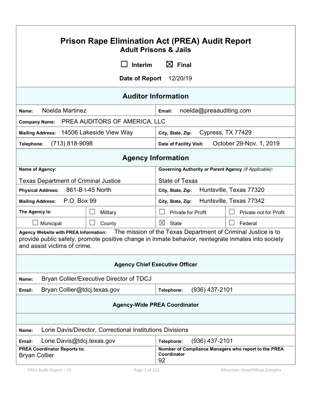 PREA Audit Report Mountainview / Hilltop Unit November 1, 2019, 11