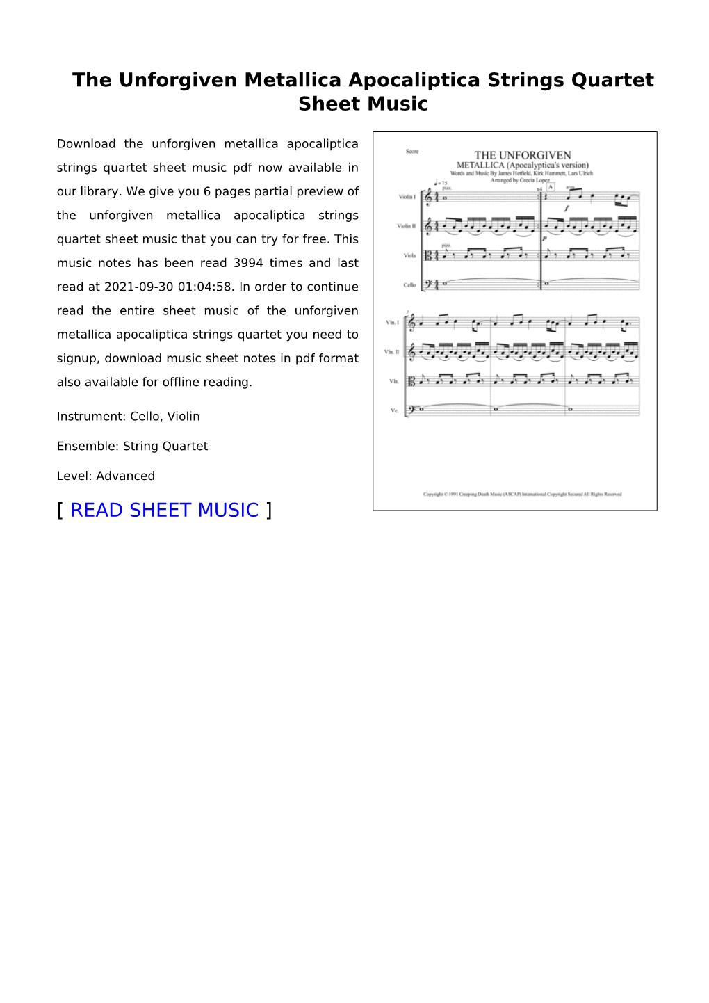 The Unforgiven Metallica Apocaliptica Strings Quartet Sheet Music