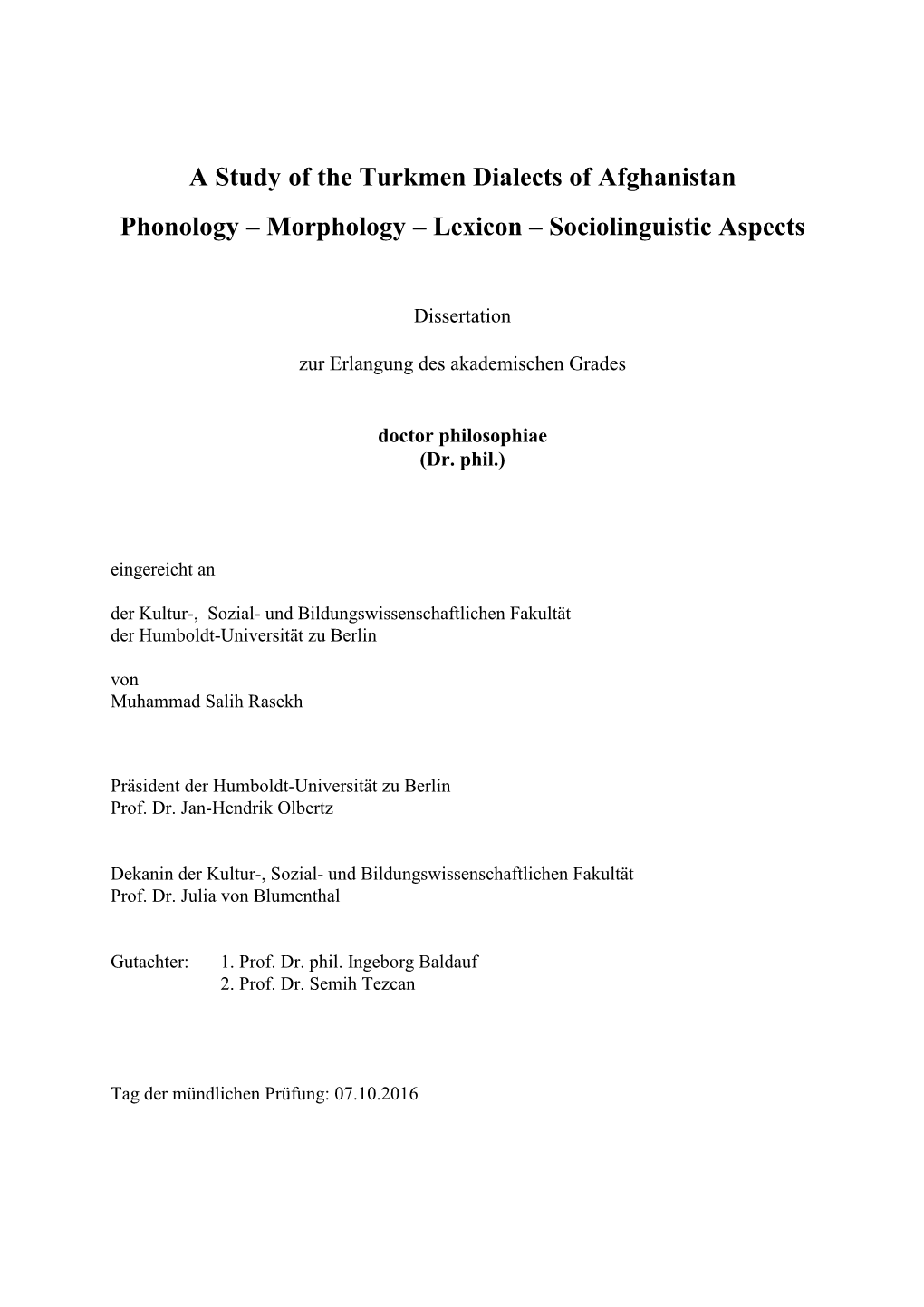 A Study of the Turkmen Dialects of Afghanistan : Phonology