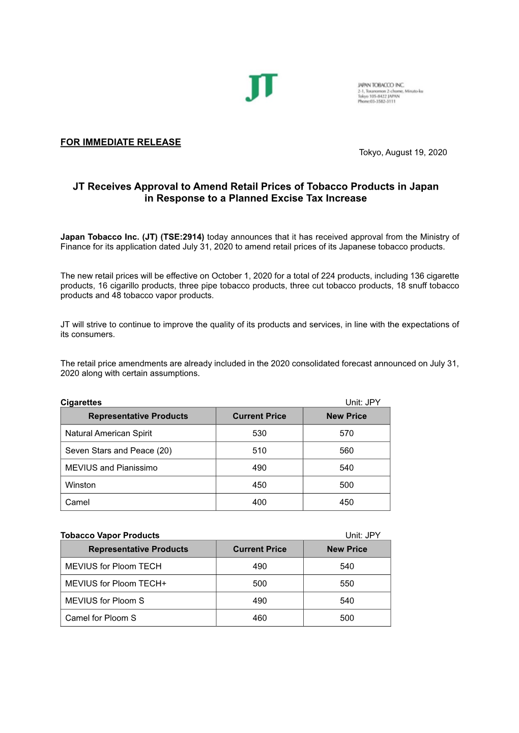 JT Receives Approval to Amend Retail Prices of Tobacco Products in Japan in Response to a Planned Excise Tax Increase