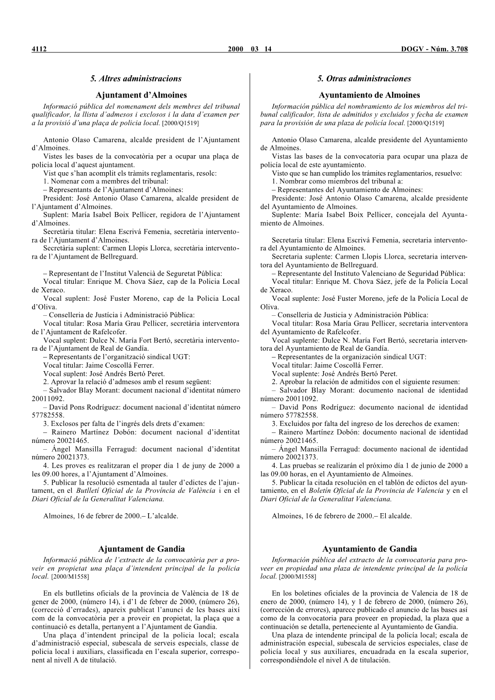 5. Altres Administracions Ajuntament D'almoines Ajuntament De Gandia 5. Otras Administraciones Ayuntamiento De Almoines Ayunta