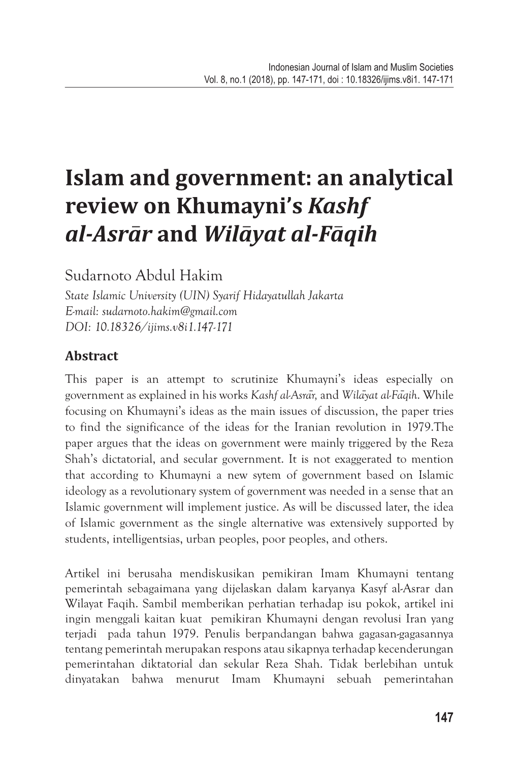 Islam and Government: an Analytical Review on Khumayni's Kashf Al-Asra